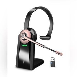 🩷 Microphone & Charging Base, Wireless Headset with Mic Mute & USB Dongle
